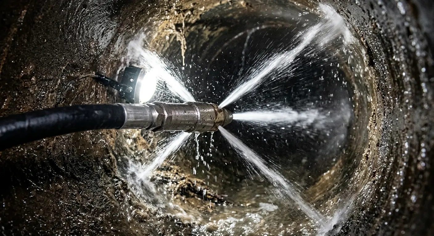 High-pressure hydro jetting nozzle cleaning sewer pipe for Trenchless Sewer Repair in Ivins