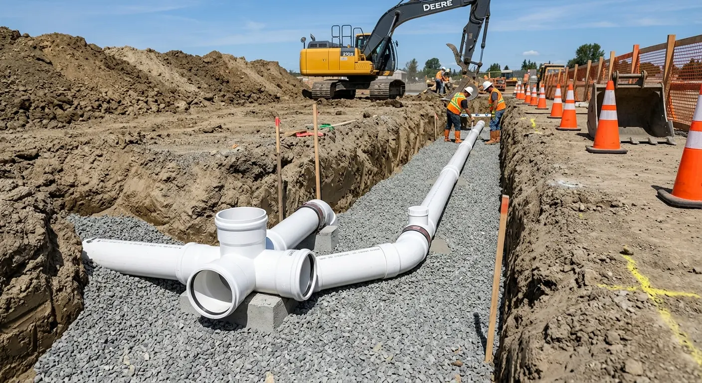 New PVC sewer pipe installation in open trench for Sewer Backup in Ivins