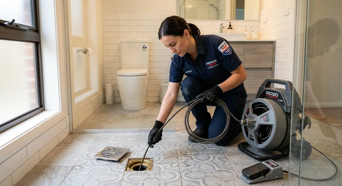 Technician clearing a bathroom floor drain for Sewer Line Replacement in Ivins